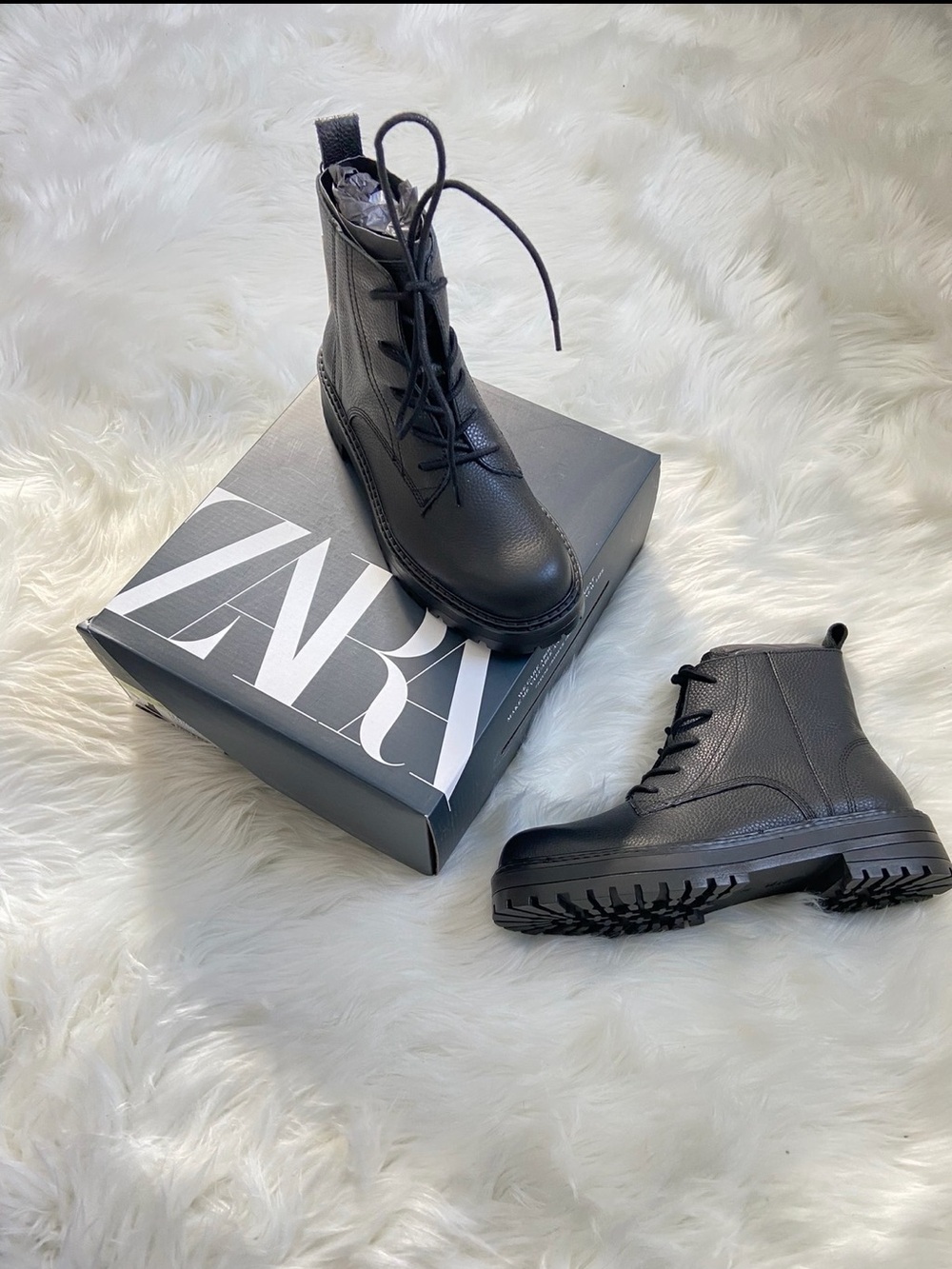 NWT Zara Black Lace-Up Combat Boots with Chunky Tread